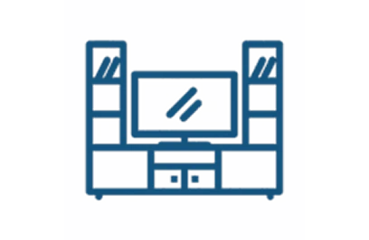 Line icon of a wall entertainment unit with a TV and cabinets on a blue background.