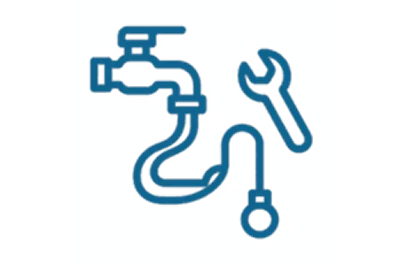 Plumbing supply line with faucet and wrench icon.